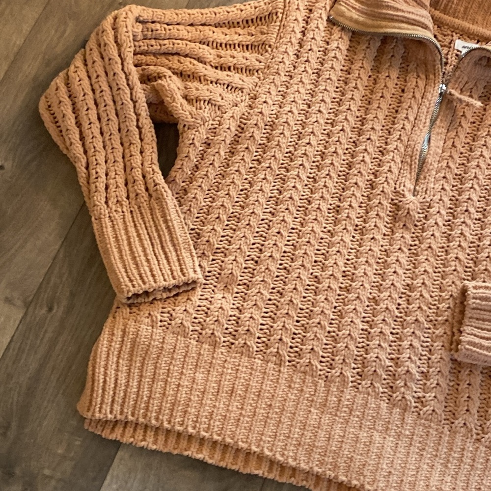 Aerie Oversized Cable Car Quarter Zip Sweater Medium Camel Brown - Picture 9 of 11